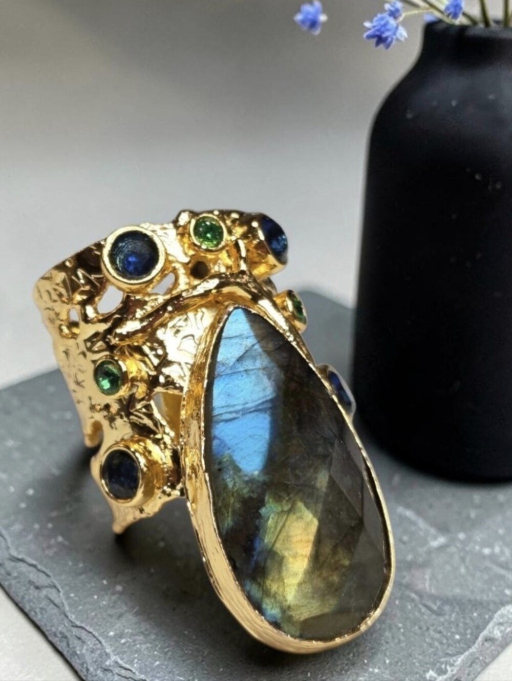 Massive 18k Gold Plated Chunky Rainbow Flash Labradorite Crystal Statement Ring